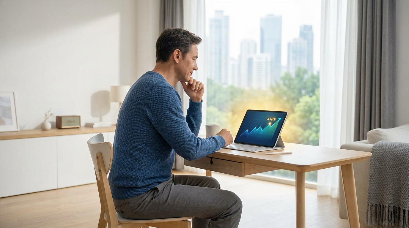 Un homme consulte un graphique de performance financière en hausse sur sa tablette dans un salon moderne.